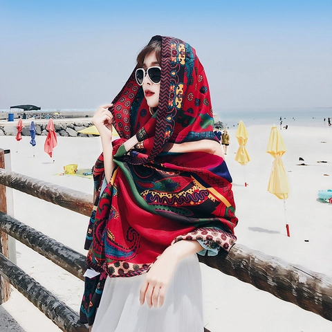 Bohemian Cotton Linen Shawl Scarf Women Ethnic Paisley Floral Print Tassels Beach Sun Protection Summer Travel