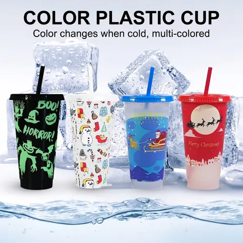 Gobelets En Plastique À Changement De Couleur Avec Couvercle Et Paille Réutilisables Sensibles Au Froid Pour Halloween