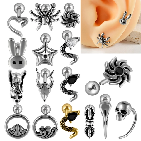 Stainless Steel Cartilage Earrings Gothic Punk Skull Snake Spider Rabbit Heart Zirconia Piercing Screw Back Helix Stud