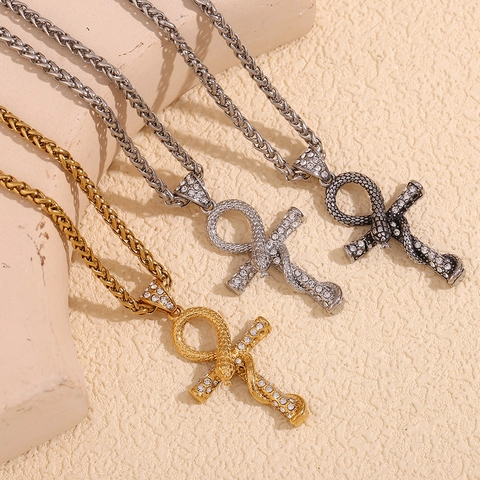 Collana Pendente Croce Ankh Serpente In Acciaio Inossidabile Placcato Oro 18K Strass Gioielli Egiziani Uomo
