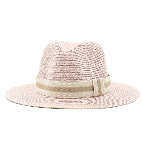 Strohoed Fedora Dames Heren Brede Rand Zomer Strand Zonnehoed Ademend Geweven Jazz Pet Met Gestreepte Lint