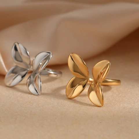 Petal Leaf Design Adjustable Open Ring 316 Stainless Steel PVD Gold Plated Waterproof Non Tarnish Elegant Women Jewelry