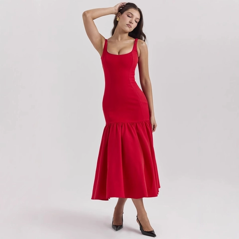 Rotes Maxikleid Mit Eckigem Ausschnitt Ärmellos Rückenfrei Elegant Damen Abendparty Eng Anliegend Polyester Meerjungfrauen Saum