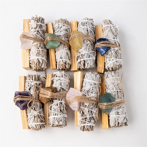 White Sage Palo Santo Smudge Stick With Natural Raw Crystal Healing Bundle For Home Cleansing Meditation Yoga