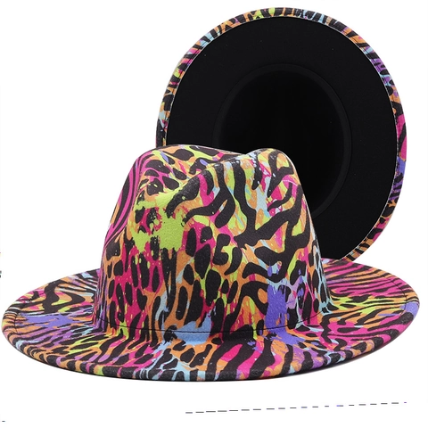 Fedora Hoed Met Brede Rand Jazz Cap Polyester Wolvilt Patroon Luipaard Plaid Graffiti Mode Retro Unisex Streetwear