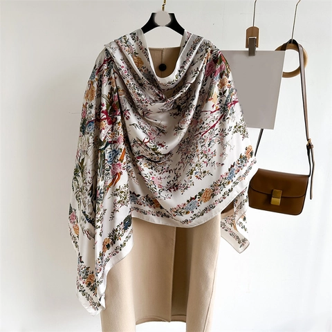 Elegant Floral Print Scarf Shawl Lightweight Polyester Imitation Satin Satin Long Wrap For Women Fashionable Accessory