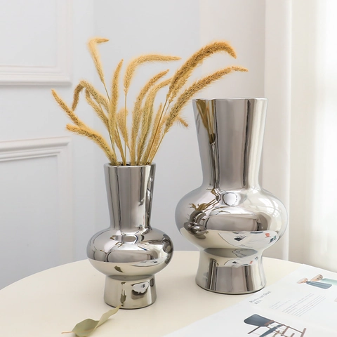 Moderner Luxus Keramik Vase Versilbert Vergoldet Spiegelglanz Wohndekor Minimalistische Tischblumenvase