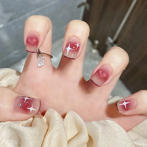 Blush Pink Gradient Press On Nails With Heart Star Rhinestone Square Round Fake Finger Nails Sweet Cute For Women