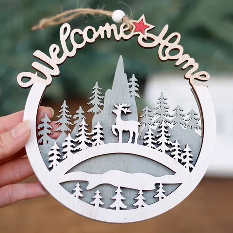 Christmas Wooden Hanging Ornaments Round Hollow Laser Cut Reindeer Forest Santa Welcome Home Festive Home Holiday Party Tree Decor