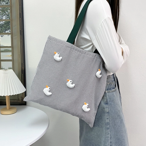 Leuke Gestreepte Canvas Draagtas Met Eend Versieringen Grote Capaciteit Schoudertas Voor Dames En Studenten Kawaii Stijl