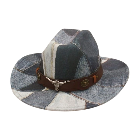 Western Cowboy Hat Patchwork Denim Print Cotton Polyester Leather Band Metal Bull Head Buckle Wide Brim Vintage Style