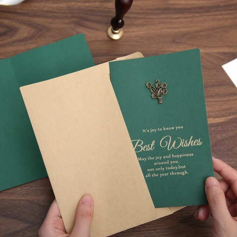 Vintage Green Greeting Card Set With Zinc Alloy Charm Bronzing Best Wishes Birthday Valentine Day Kraft Envelope