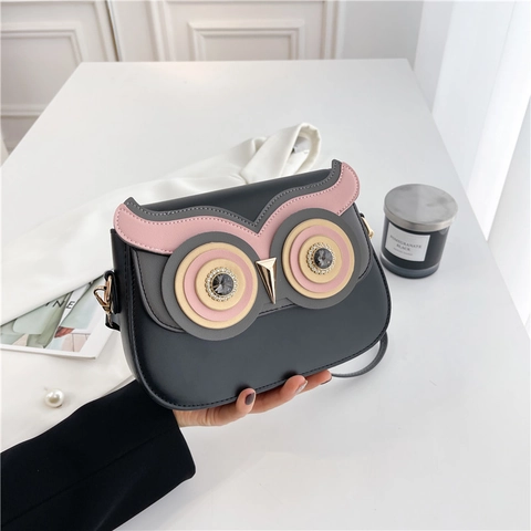 Owl Shaped Crossbody Bag PU Leather Rhinestone Eye Cartoon Novelty Shoulder Handbag For Women Girl Small Square Purse