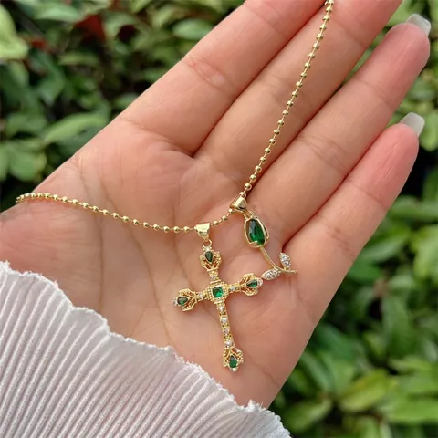 18K Vergulde Koperen Kruis Hanger Ketting Voor Vrouwen Groene Zirconia Hart Roos Tulp Combinatie Mode Sieraden Cadeau