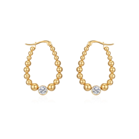 French Vintage Stainless Steel Beaded Hoop Earrings For Women Western Fashion Geometric Rhinestone Inlaid Huggie Earrings Jewelry