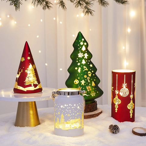 Christmas LED Lantern Decorative Lamps Laser Hollow Out Snowflake Reindeer Patterns PVC Glass Warm Light Battery Operated Holiday Ornaments