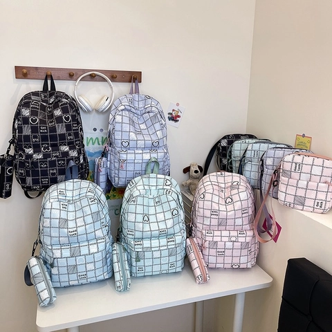 Nylon Karierter Rucksack Für Mädchen Cartoon Hase Herz Druck Schultasche Mit Umhängetasche Und Federmäppchen Preppy Style