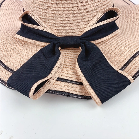 Chapeau de Soleil en Paille Tressée d'Été pour Femmes Large Bord Ondulé Nœud Élégant Vacances à la Plage Chapeau de Paille
