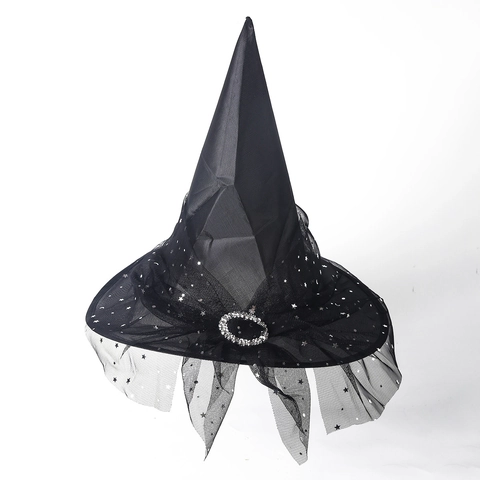 Halloween Witch Hat Pointed Wizard Hat With Spiderweb Lace And Star Mesh Alloy Rhinestone Buckle For Cosplay Party Adult