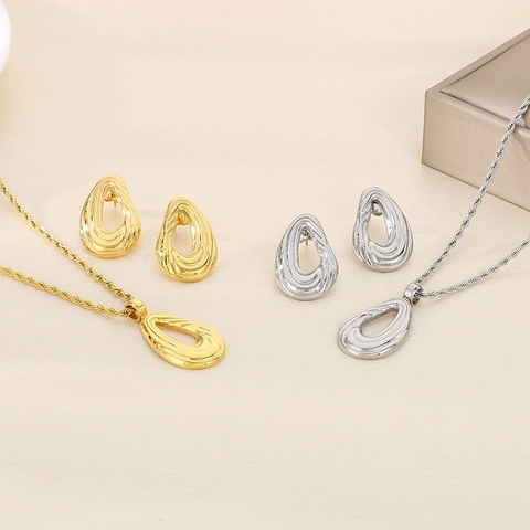 Collar Y Pendientes Gota De Agua Ondulada Acero Inoxidable 316L Chapado Oro 18K Joyería Minimalista Mujer
