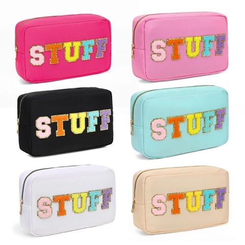 Nylon Make-up Tasche Wasserdichter Kulturbeutel Mit Chenille Buchstaben Patches Für Frauen Reisen Große Kapazität Preppy Style