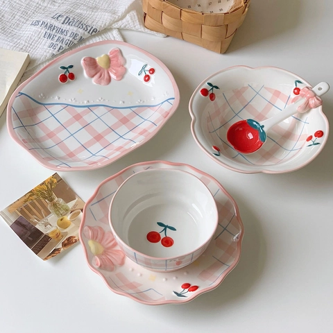 Cute Ceramic Tableware Underglaze Cherry Pattern Pink Checkered Bow Accent Salad Plate Breakfast Bowl Strawberry Spoon