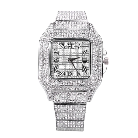 Orologio al Quarzo Quadrato con Strass di Lusso per Uomo e Donna Cinturino in Lega di Acciaio Inossidabile Numeri Romani