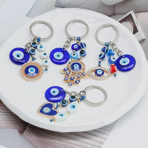 Evil Eye Hamsa Hand Schlüsselanhänger Legierung Glas Kristall Blau Gold Auto Tasche Anhänger Deko