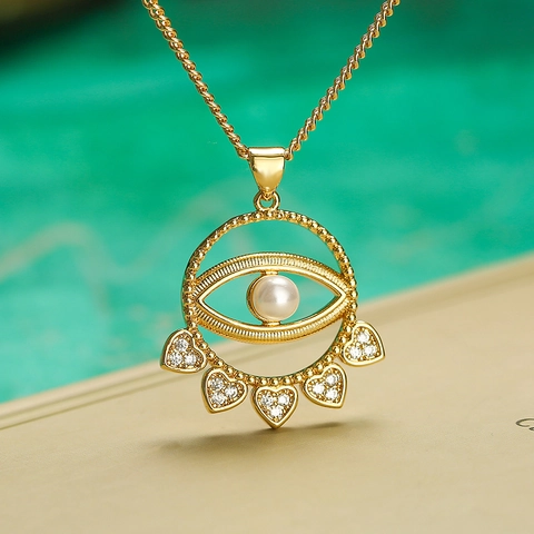 Collana Con Ciondolo Malocchio Rame Placcato Oro Con Zircone E Perla Artificial Ciondoli A Cuore Gioielli Eleganti Per Donna