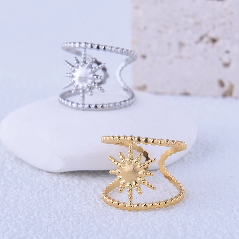 Anello Aperto Vintage in Acciaio Inossidabile con Sole e Stella per Donna Doppio Strato Perline Acciaio al Titanio