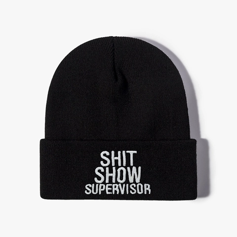 Beanie Hat Acrylic Knit Cuffed Letter Embroidery Shit Show Supervisor Casual Warm Winter Accessory For Men Women
