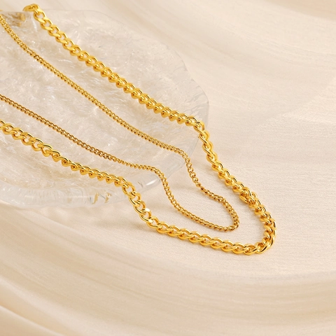 Doppellagige Gliederkette Halskette 18K Vergoldet Edelstahl Geometrisch Curb Cuban Link Trendiger Minimalistischer Schmuck