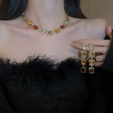 Vintage Square Rhinestone Choker Necklace Earrings Silver Earring Post Alloy Colorful Crystal Luxury Palace Style Women