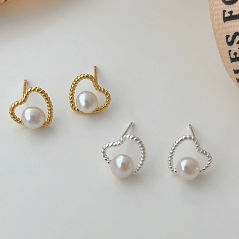Herz Perlenstecker Ohrringe Süßwasserperle Mit 925 Sterling Silber Ohrstecker Hohler Gedrehter Rahmen Minimalistisch