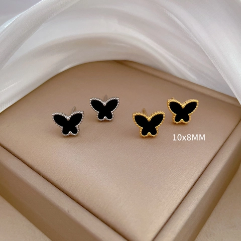 Pendientes Mariposa Acero Titanio Ágata Negra Minimalista Borde Cuentas Joyería Elegante Mujeres
