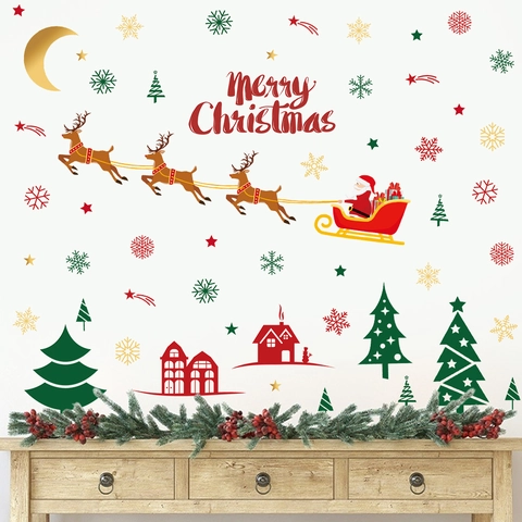 Christmas Wall Stickers PVC Self Adhesive Santa Claus Reindeer Christmas Tree Decals For Home Window Party Holiday Decor