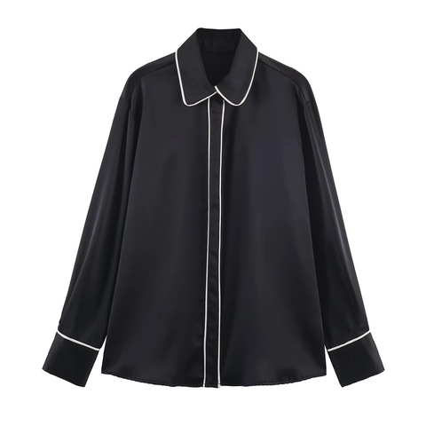 Dames Satijnen Blouse Met Lange Mouwen Contrast Piping Satijngevoel Knoopsluiting Losse Pasvorm Elegant Damesoverhemd Top