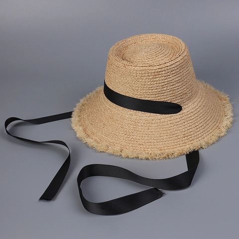 Chapeau De Paille En Raphia Pour Femmes Style Japonais Long Ruban Noir Bord Effiloché Toit Plat Large Bord Chapeau De Plage
