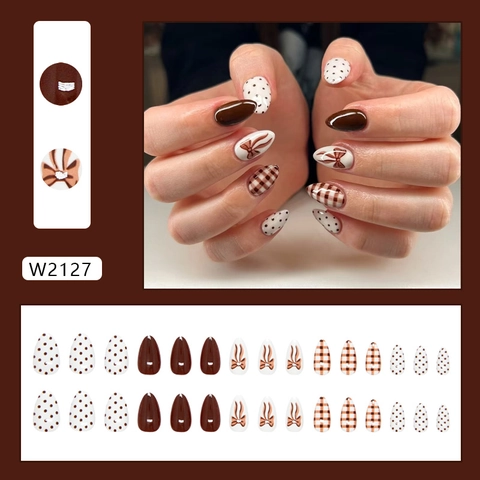 Glossy Almond Press On Nails Caramel Plaid Polka Dot Bowknot Design Artificial False Nails For Women