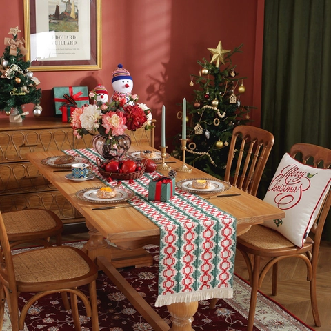 Chemin De Table Noël Coton Géométrique Motif Diamant Avec Glands Décoration Salle À Manger Fête Rouge Vert Blanc Style