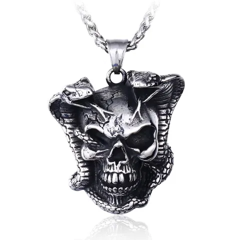 Schädel Und Doppel Schlange Anhänger 316L Edelstahl Oxidierte Ausführung Gotisch Punk Rock Biker Schmuck Für Herren