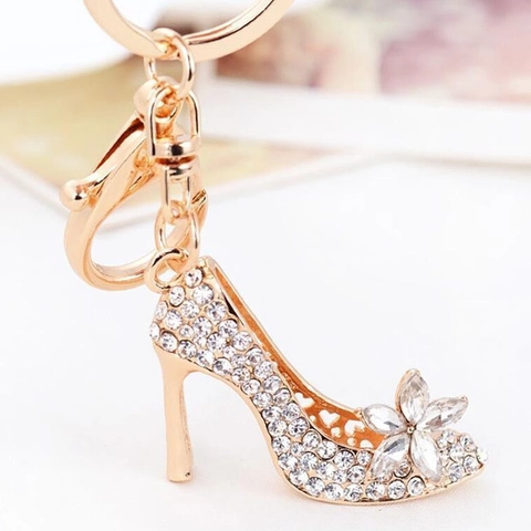 High Heel Shoe Keychain Rhinestone Crystal Flower Bag Pendant Car Key Ring Metal Zinc Alloy Heart Cutout Decor For Women