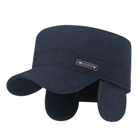 Men Cadet Cap Winter Warm Flat Top Hat Fleece Lined With Ear Flaps Adjustable Cotton Polyester Windproof Fashion Label