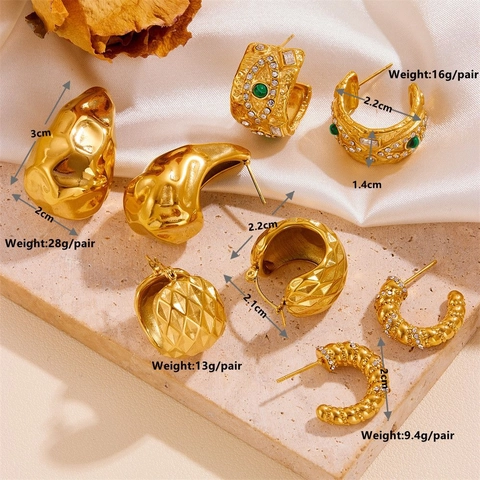 Titaniumstalen Oorbellen 18K Verguld Gehamerd Waterdruppel Strass Imitatieparel C-Vorm Boze Oog Retro Elegant Vrouwen
