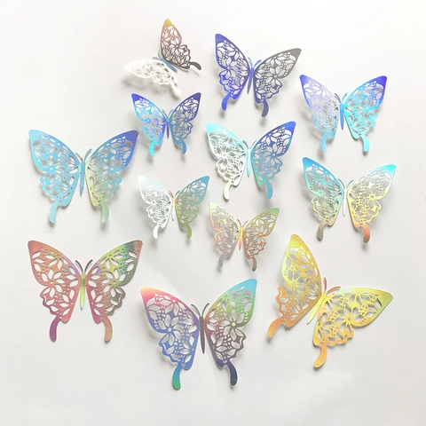 Adesivi Murali Farfalla 3D Cavi Argento Iridescente Effetto Specchio Laser Decalcomanie Carta Artistica Casa Festa