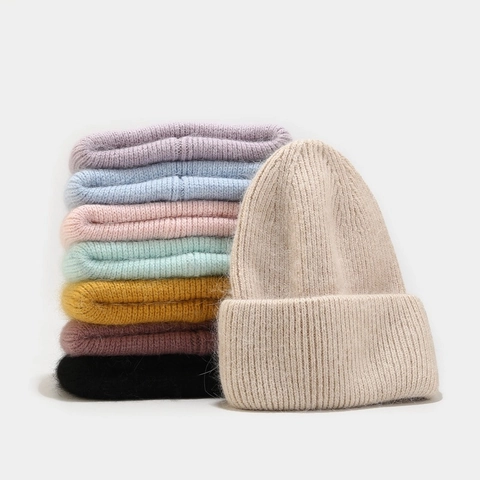 Women Beanie Hat Angora Rabbit Hair Mohair Ribbed Knit Thickened Warm Solid Color Winter Cuffed Skull Cap