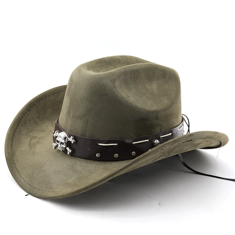 Western Cowboy Hut Wildleder Material Punk Totenkopf Metallnieten Lederband Gothic Rock Stil Für Herren Und Damen