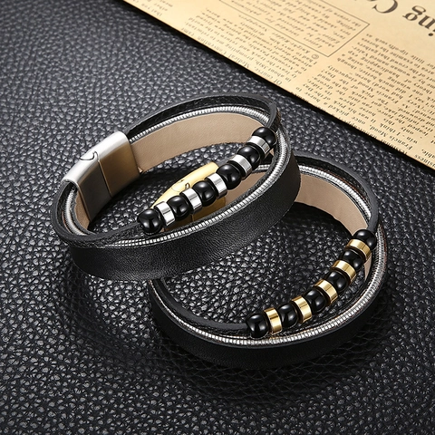 Men Multi-layer Leather Bracelet Stainless Steel Magnetic Clasp Braided Cord Bead Vintage Fashion Jewelry Wristband