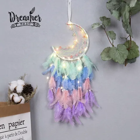 Atrapasueños Hecho A Mano Forma De Luna Con Plumas De Colores Y Luces LED Decoración De Pared Dormitorio