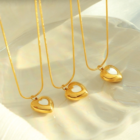 Heart Pendant Necklace And Earrings Stainless Steel White Shell Inlay Gold Plated Snake Chain Jewelry For Women Elegant
